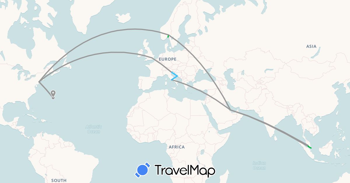 TravelMap itinerary: driving, bus, plane, boat in Bermuda, United Kingdom, Croatia, Italy, Malaysia, Norway, Qatar, Singapore, United States (Asia, Europe, North America)